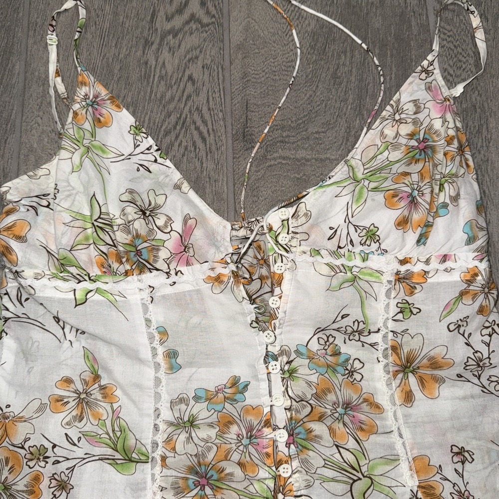 Guess Top Women's M Ivory Floral-Print Peplum Sleeveless Y2K Babydoll - Picture 6 of 11
